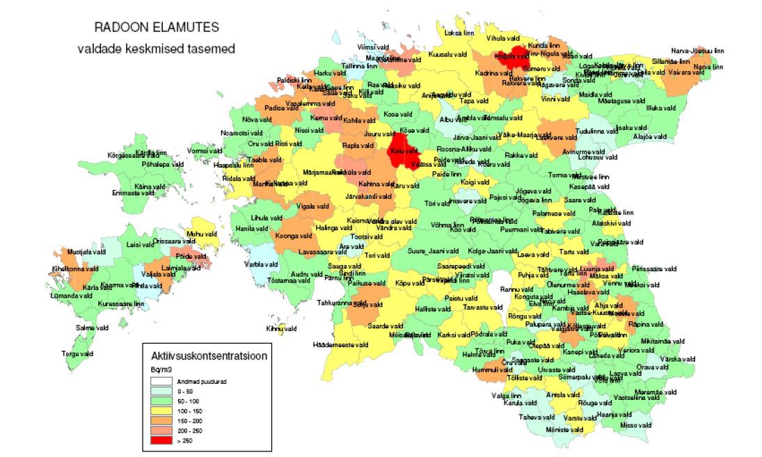 Radooni hinnangulised tasemed siseruumides erinevates valdades. Kaardi koostamisel on kasutatud juhusliku valikut (Keskkonnaamet Radooni hinnangulised tasemed siseruumides erinevates valdades. Kaardi koostamisel on kasutatud juhusliku valikut (Keskkonnaamet