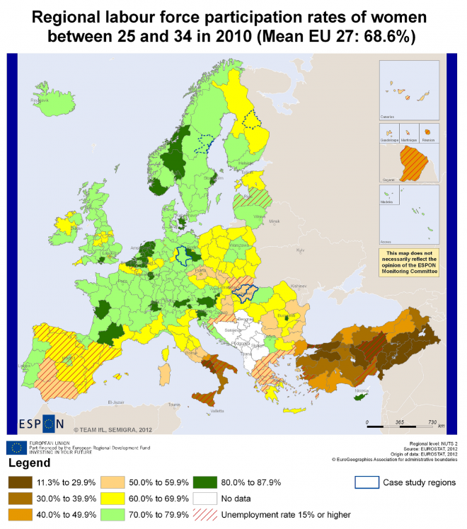 Vanusevahemikus 25-34 olevate naiste osakaal regionaalses tööhõives, 2010