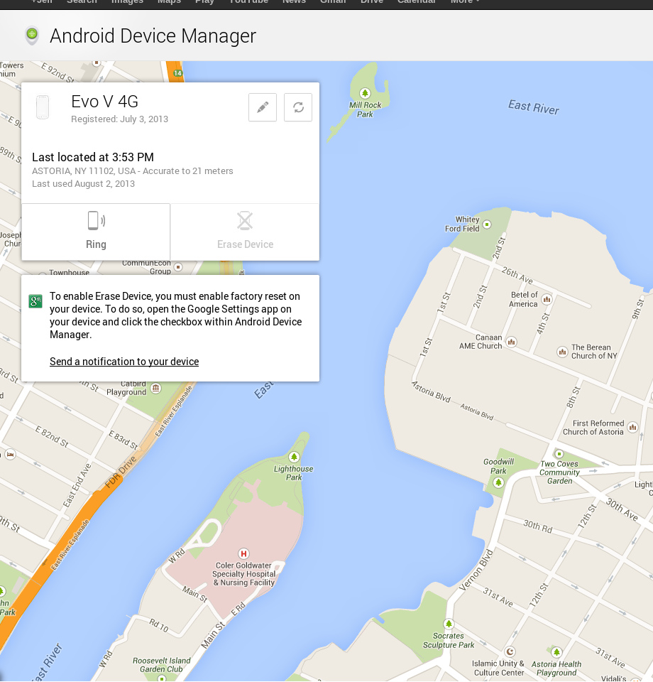 Нахождение местоположения устройства с помощью Android Device Manager