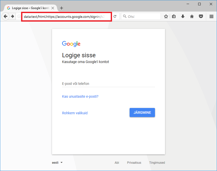 Vale veebiaadressiga Google sisselogimisleht