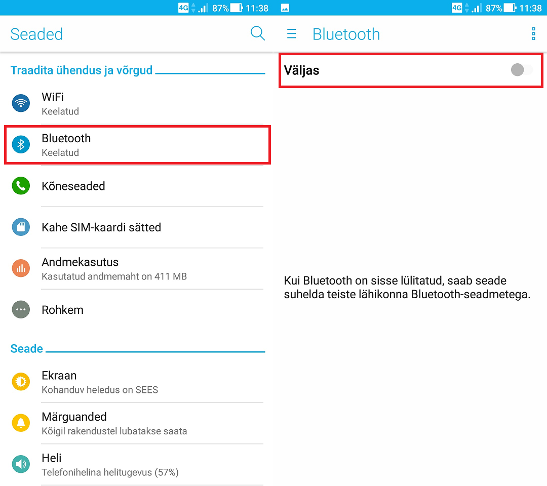 Bluetooth ühenduse väljalülitamine