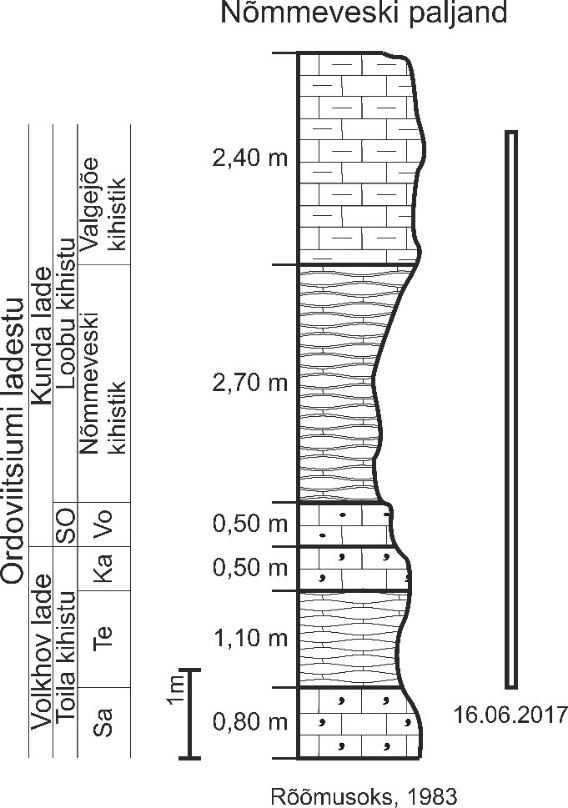 Nõmmeveski paljandi läbilõige Rõõmusoksa (1983) järgi. Ristkülikuga on märgitud 2017. aastal paljandunud läbilõikeosa. (joonis: Paiste T) (SO – Sillaoru kihistu, Sa – Saka kihistik, Te – Telinõmme kihistik, Ka – Kalvi kihistik, Vo – Voka kihistik).
