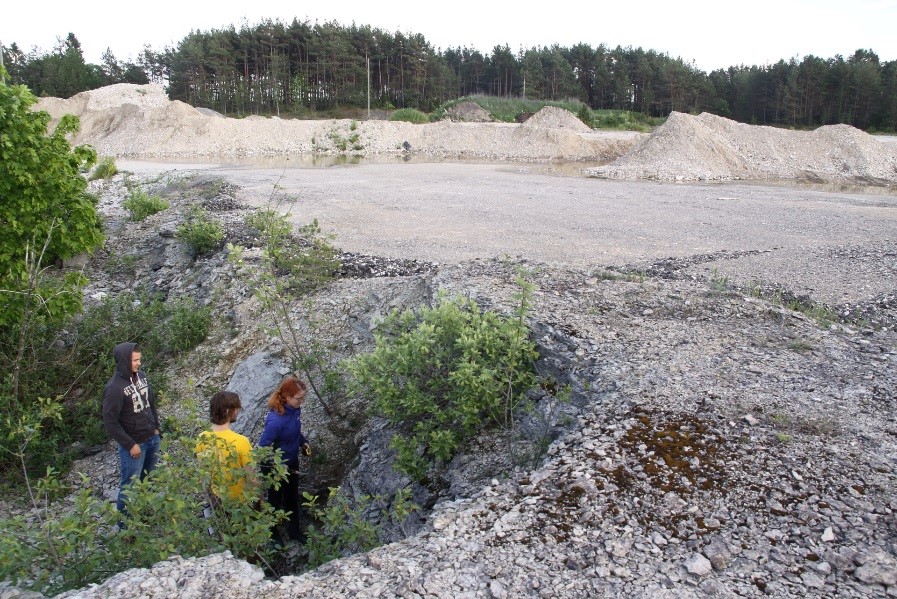 Madalam, läbilõikega ala Päri karjääris (vasakul all) ja piirkonda veetud pinnatäite materjal (pildil üleval) (foto: T. Meidla, 2017).