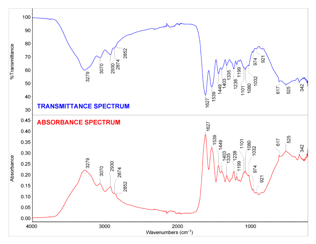 Fig. 1. Transmittance and absorbance spectra of Rabbitskin glue