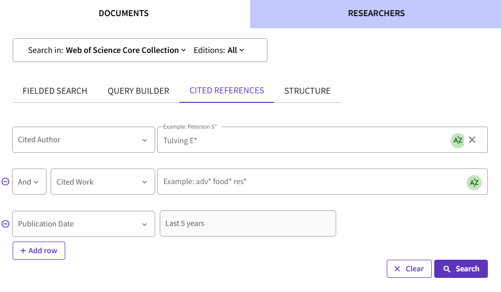 Search in cited references where in cited author search box we have written Tulving E* and publication date has been set to the last 5 years.