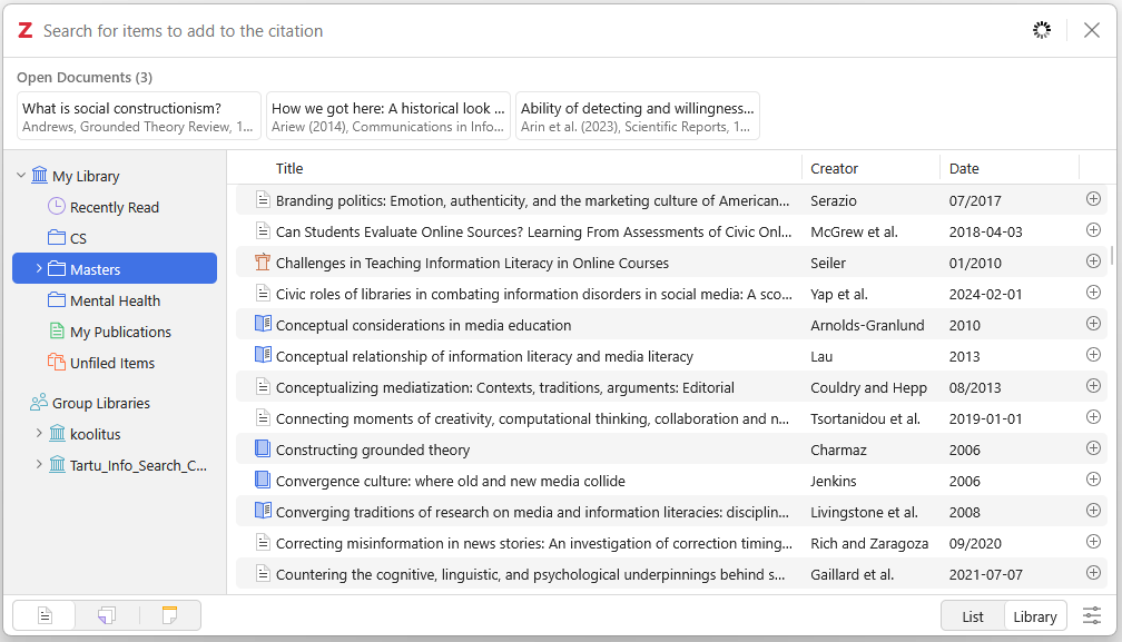 Library Mode Add-ins to MS Word and LibreOffice – citing and automatic creation of ...