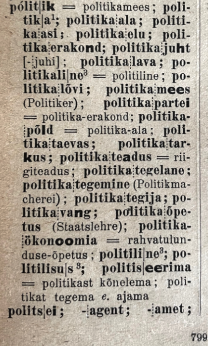 poliitika J. V. Veski Eesti õigekeelsuse-sõnaraamatus (II köide, lk 799)