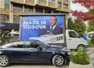 Image: Former Kosovo PM, Ramush Haradinaj, featuring with his electoral campaign motto a “100% state” (source: Eiki Berg)