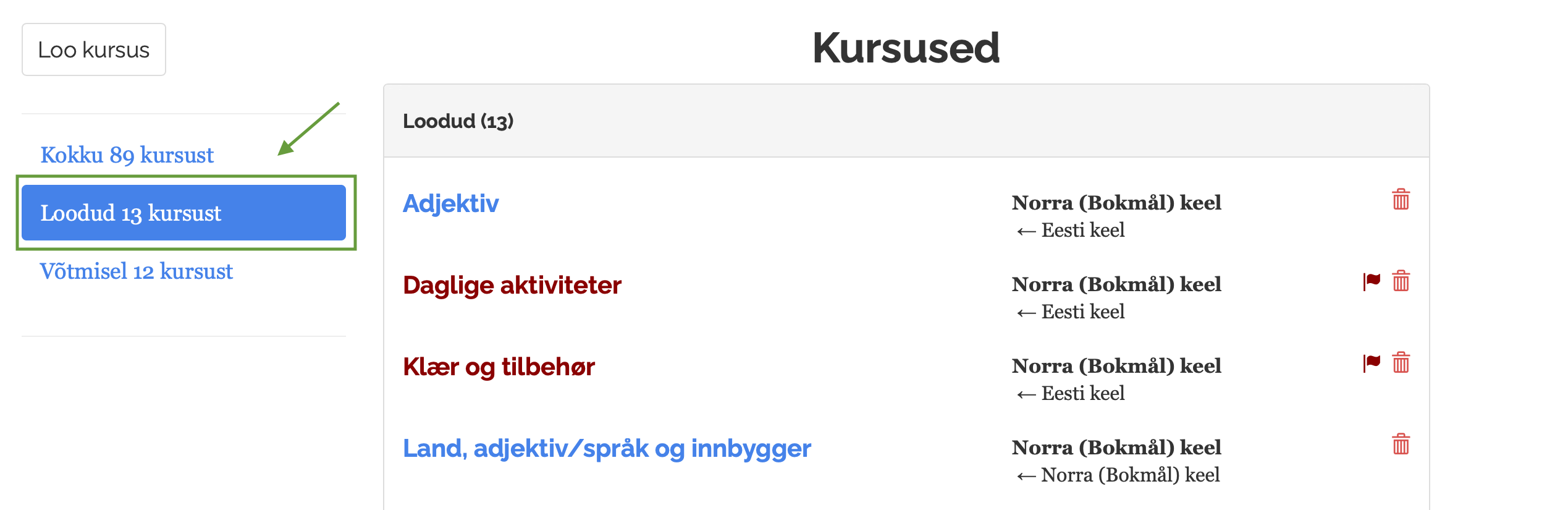Kursuse leidmine nimekirjast