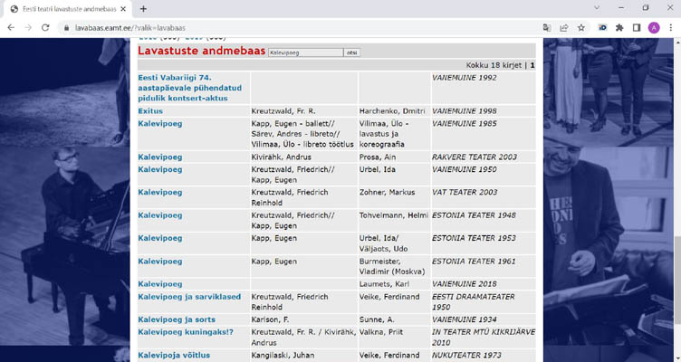 Kuvatõmmis Eesti teatri lavastuste andmebaasist otsingusõnale „Kalevipoeg“.