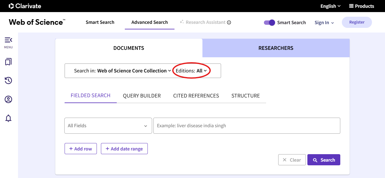 Kuvatõmmis Web of Science otsingust, kus viidatakse kuidas valida, milliste viitamisandmebaaside hulgas otsinguid teha