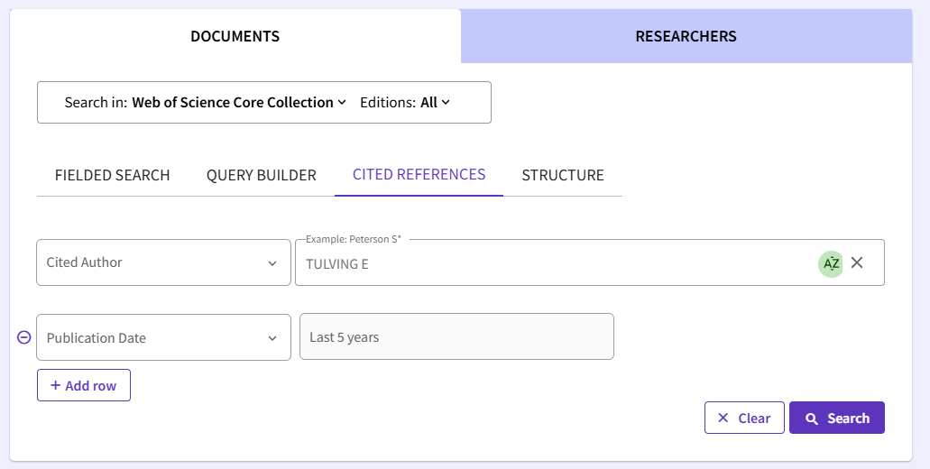 2024-03-04_14_09_59-cited_reference_search_-_web_of_science_core_collection.png Näide, kuidas teha web of science cited reference otsingud. Cited author on Tulving E ning publication date valikus Last 5 years