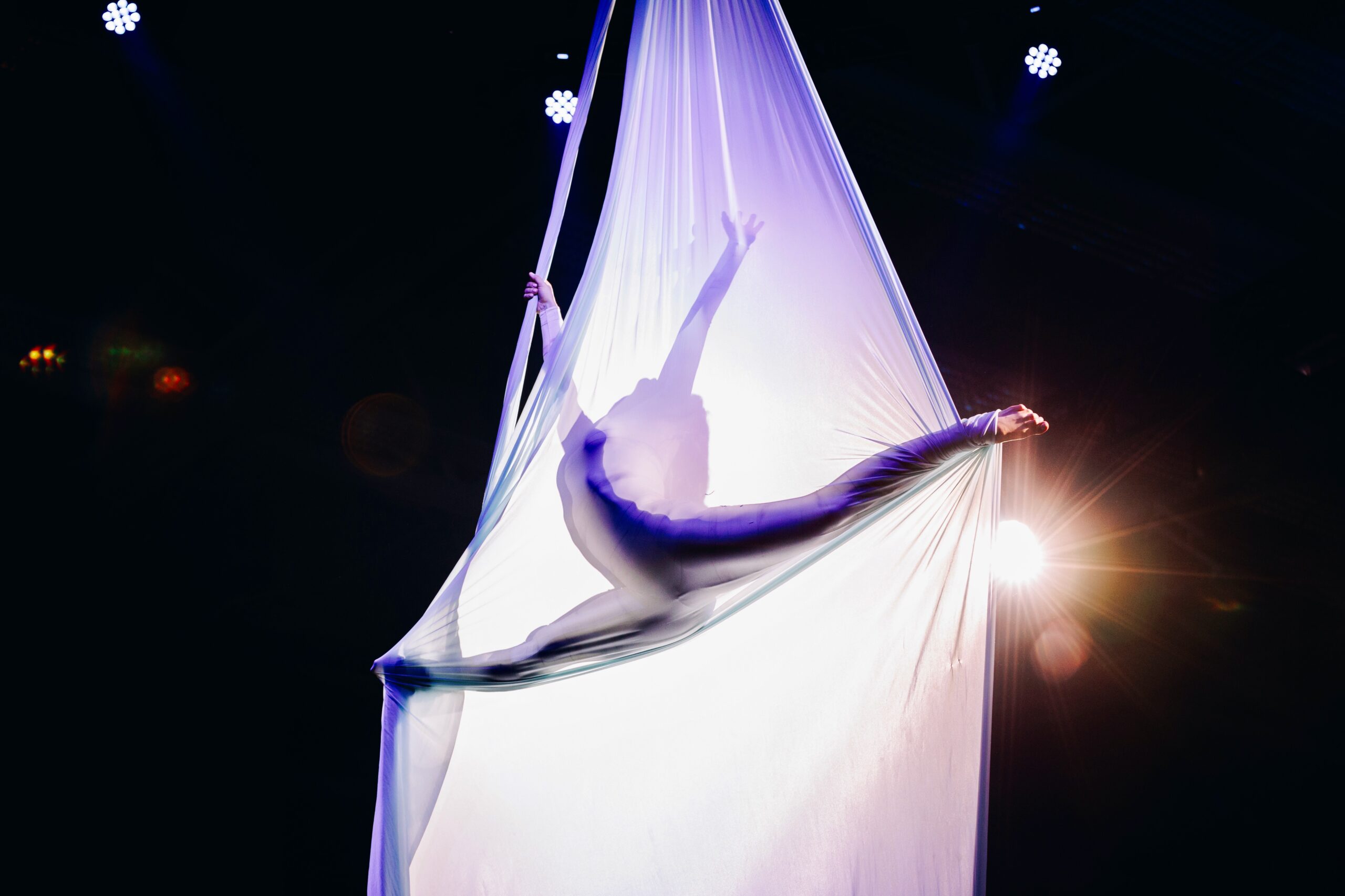 Tanel Jonase lavastatud õhtuse kontsertetenduse avanumbris pakkusid vaatemängu ja närvikõdi spordihoone lae all trikke teinud õhuakrobaadid. FOTO: Andero Kalju