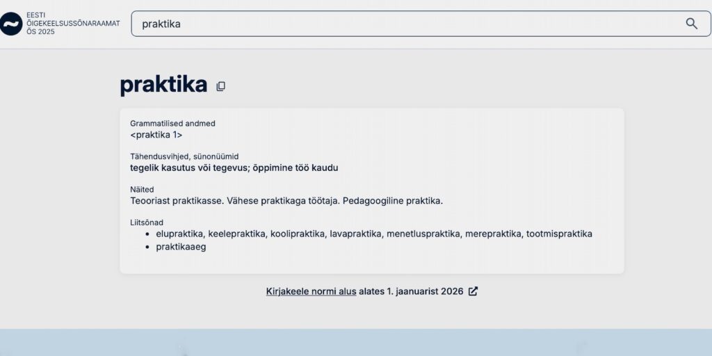 Pildil Sõnaveebi lehekülg "praktika"