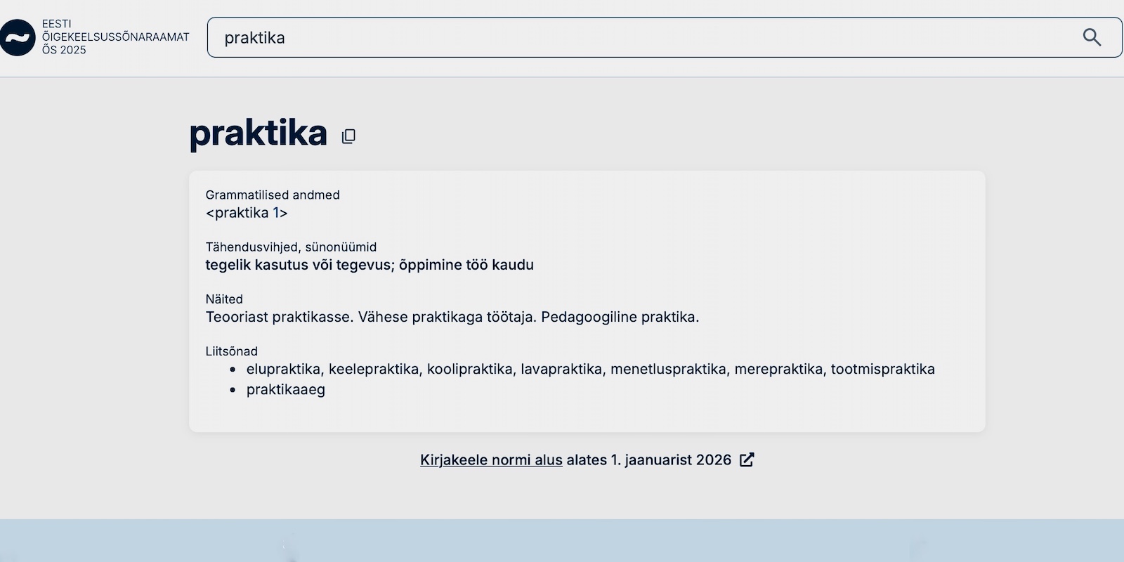 Pildil Sõnaveebi lehekülg "praktika"