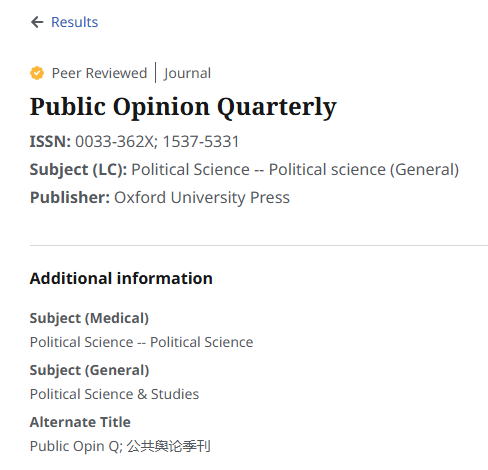 Important information about the journal Public Opinion Quarterly. For example if it is peer reviewed, what is the ISSN number and so on.