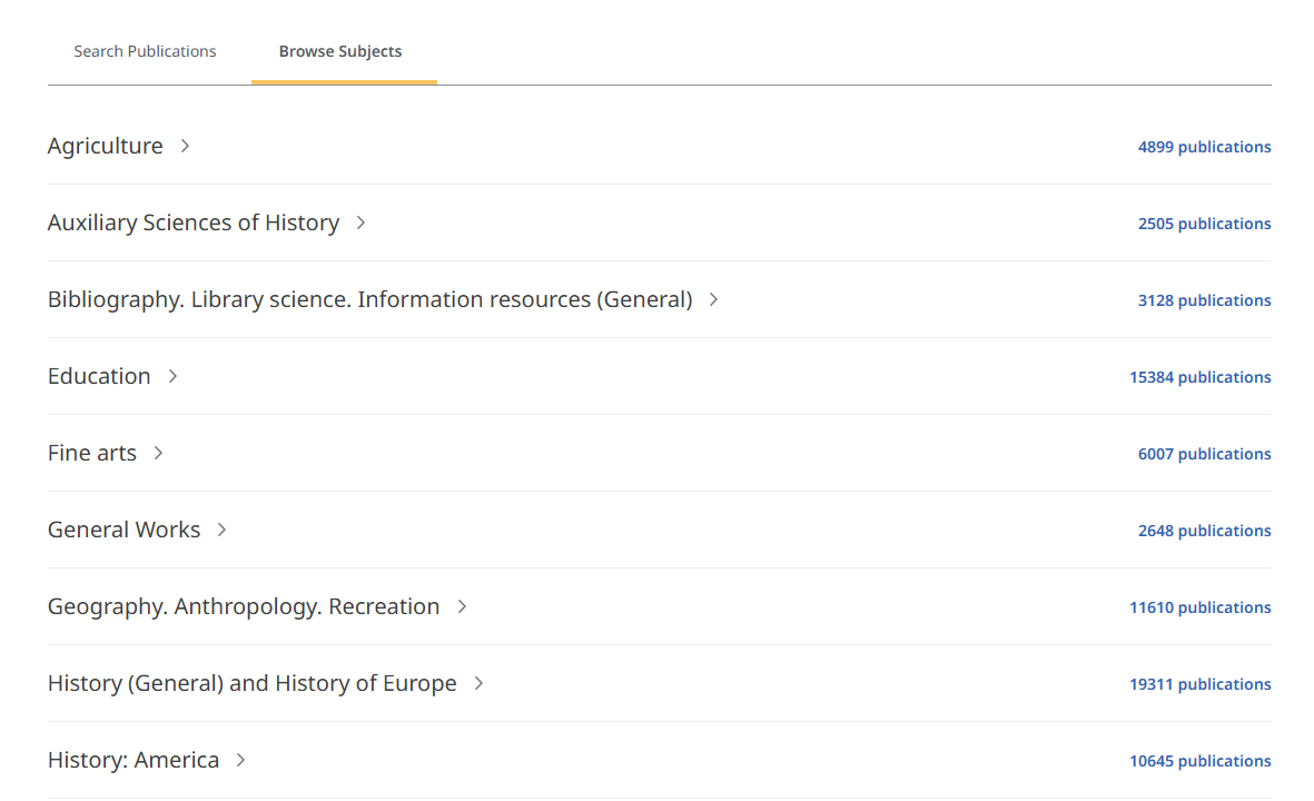 List of different subjects where next to the subject's name you can see the number of available publications.