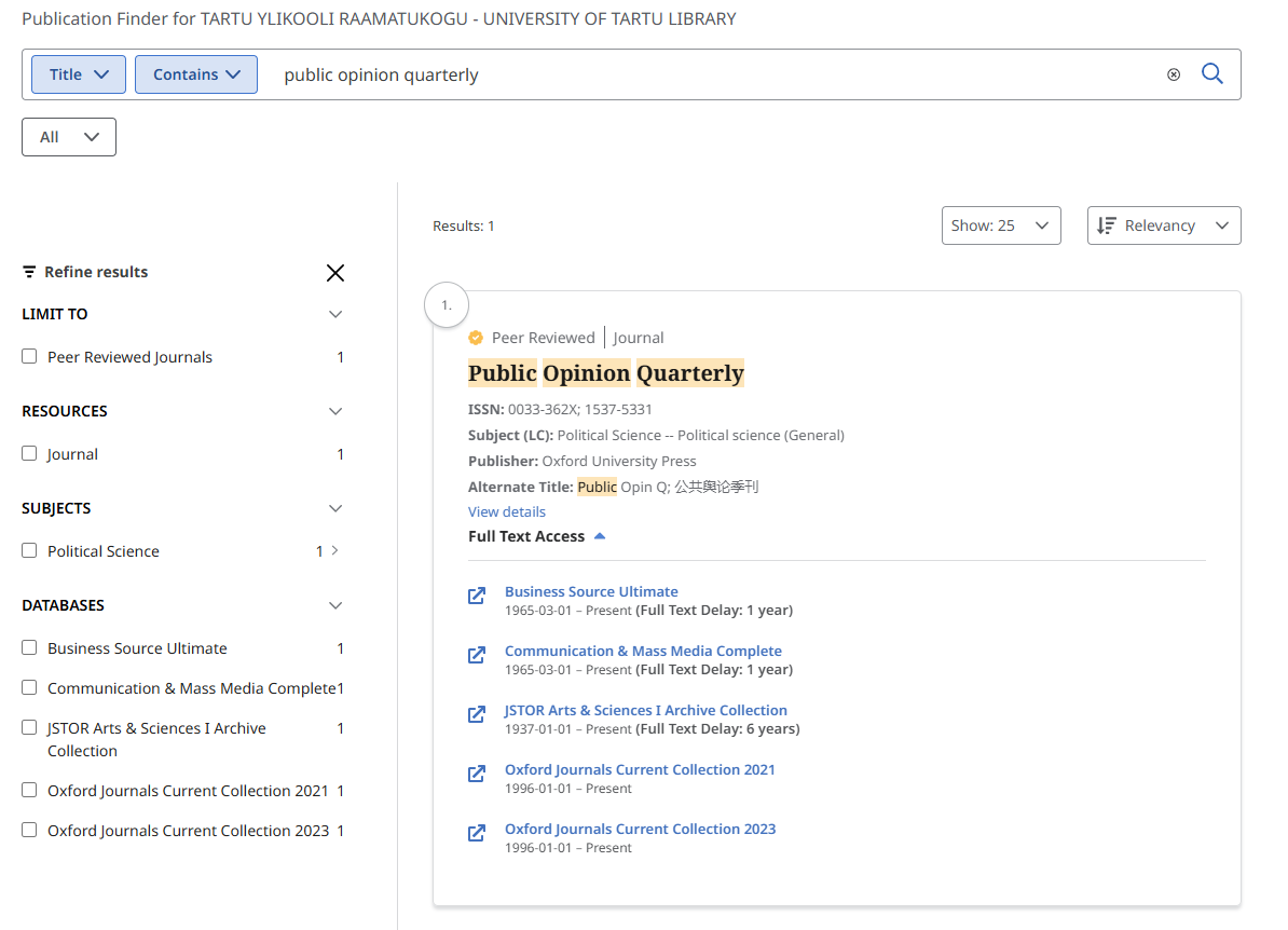 Picture of the e-books and e-journals portal, showing what databases provide access to the publication of Public Opinion Quarterly